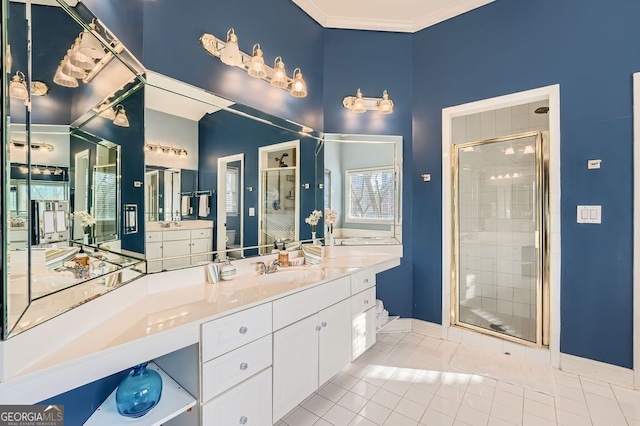 397 4th St NE, Atlanta, GA 30308 - bathroom with a stall shower, tile patterned flooring, and vanity