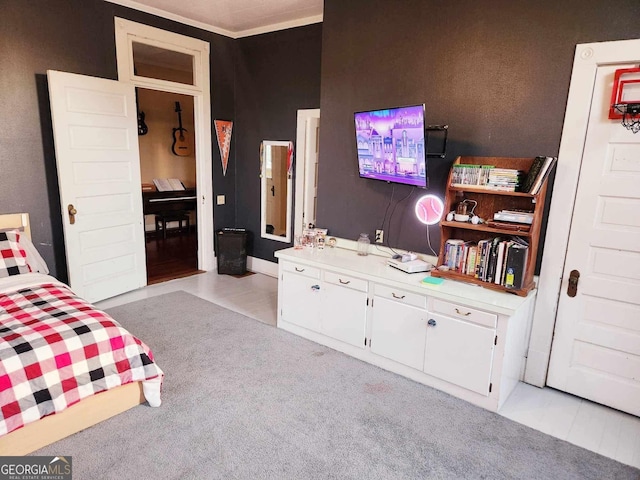 bedroom with light carpet