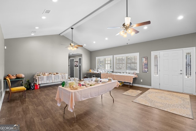 recreation room featuring ceiling fan, dark wood-type flooring, beam ceiling, and visible vents