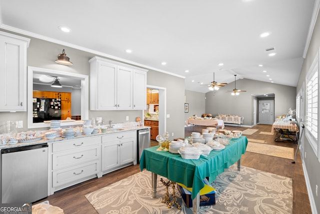 kitchen with dark wood-type flooring, freestanding refrigerator, white cabinets, and dishwashing machine