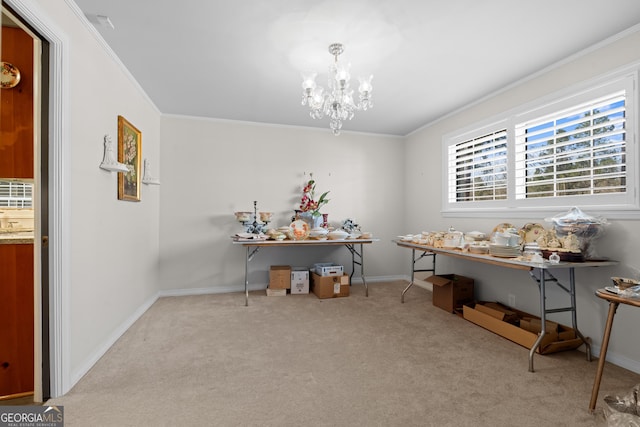 interior space featuring a notable chandelier, baseboards, crown molding, and light colored carpet