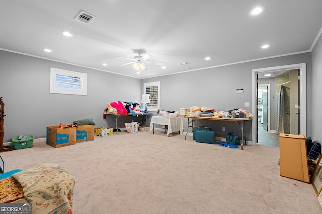 playroom featuring baseboards, a ceiling fan, light colored carpet, crown molding, and recessed lighting