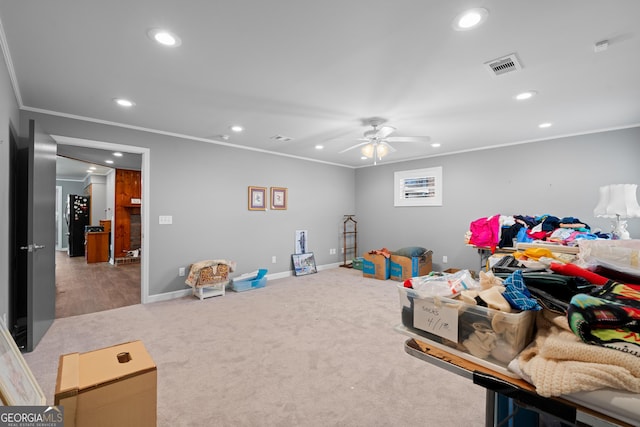 rec room featuring recessed lighting, visible vents, and crown molding