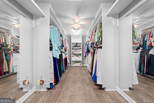 spacious closet with a ceiling fan and wood finished floors