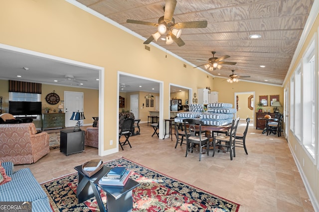 dining space featuring visible vents, baseboards, ornamental molding, vaulted ceiling, and recessed lighting