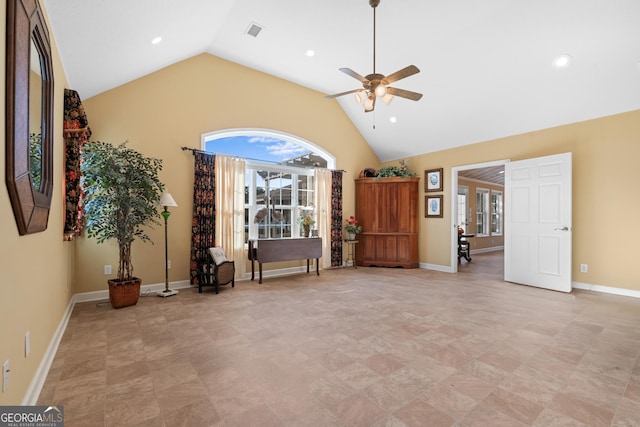 unfurnished room with high vaulted ceiling, recessed lighting, visible vents, and baseboards