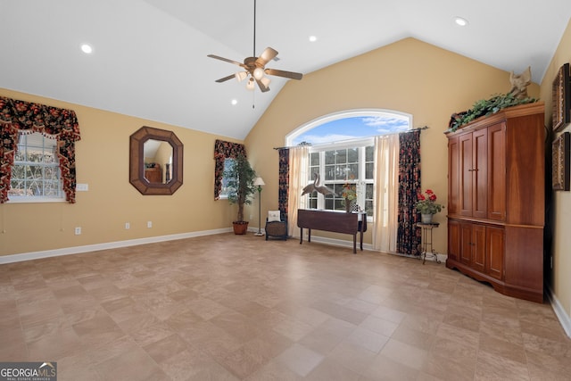 unfurnished room featuring recessed lighting, plenty of natural light, a ceiling fan, and baseboards