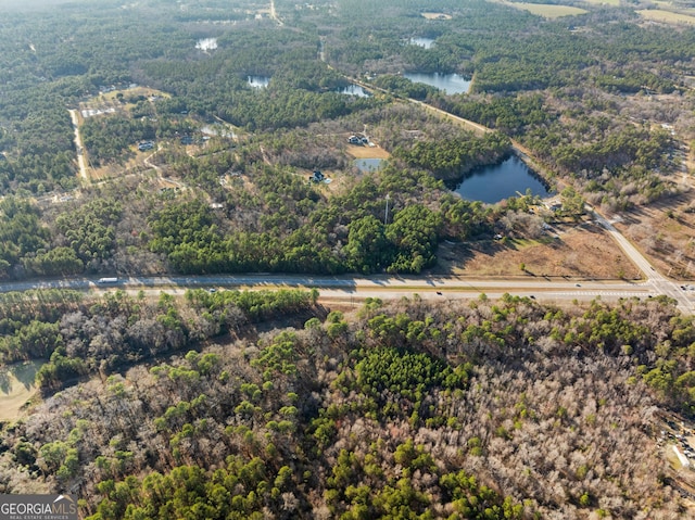 aerial view featuring a water view and a view of trees