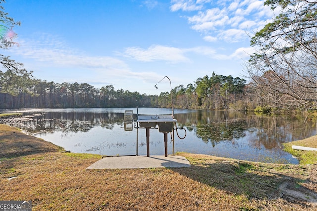 dock area featuring a water view and a wooded view