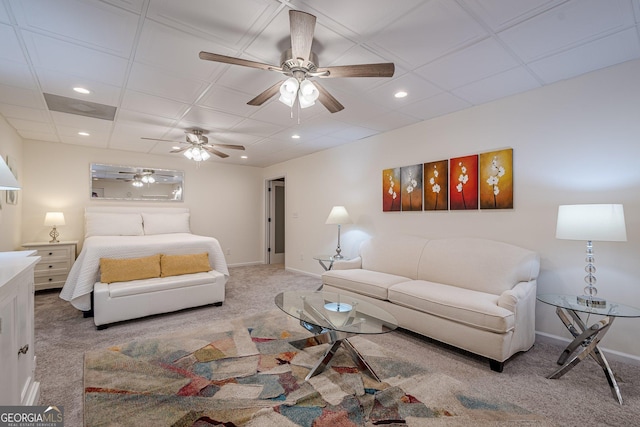 bedroom with baseboards, recessed lighting, ceiling fan, a paneled ceiling, and carpet flooring