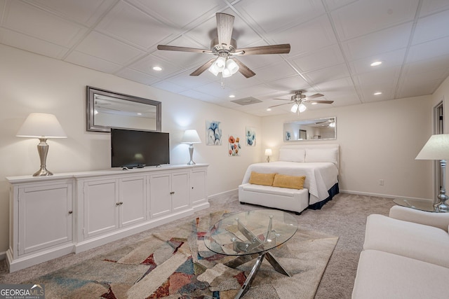 bedroom featuring recessed lighting, baseboards, light colored carpet, and ceiling fan