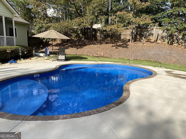 view of pool featuring a patio area, a fenced backyard, and a fenced in pool