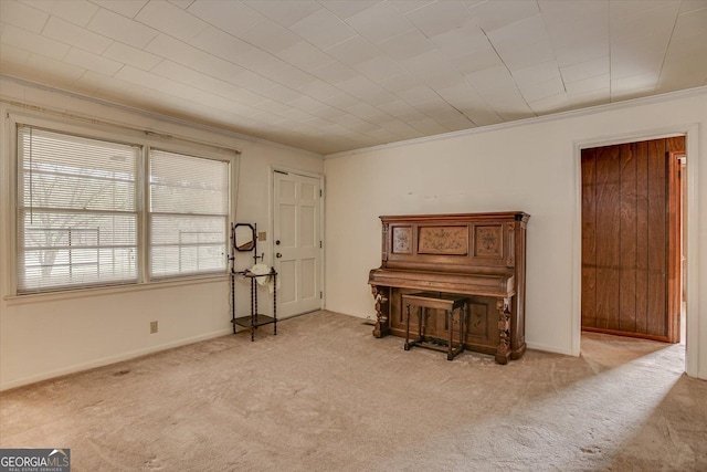 unfurnished room with ornamental molding, light colored carpet, and baseboards