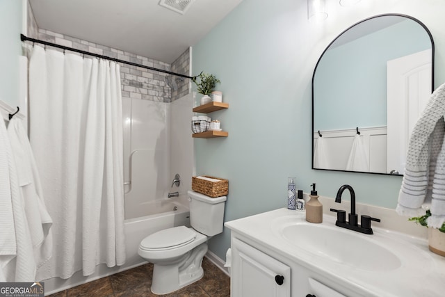 full bath featuring visible vents, toilet, stone finish floor, shower / bathtub combination with curtain, and vanity