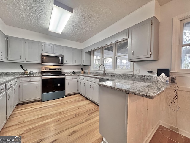 kitchen with a peninsula, light wood finished floors, appliances with stainless steel finishes, and gray cabinetry