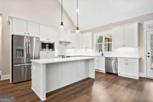 107 Bob White Dr, Calhoun, GA 30701 - kitchen with appliances with stainless steel finishes, under cabinet range hood, white cabinets, light countertops, and high vaulted ceiling