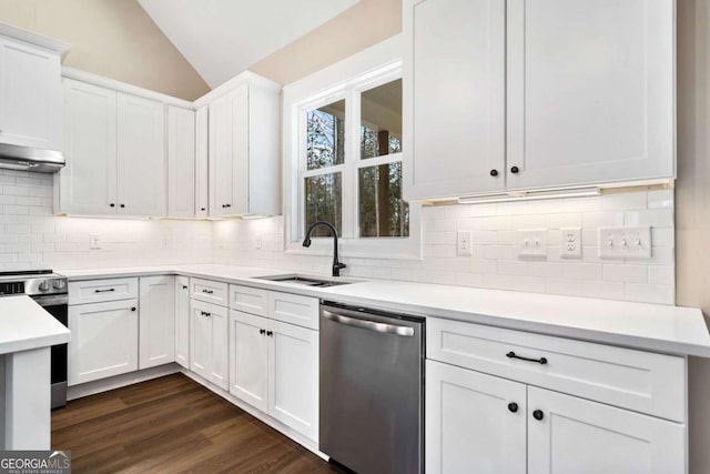 107 Bob White Dr, Calhoun, GA 30701 - kitchen with appliances with stainless steel finishes, light countertops, white cabinets, vaulted ceiling, and under cabinet range hood