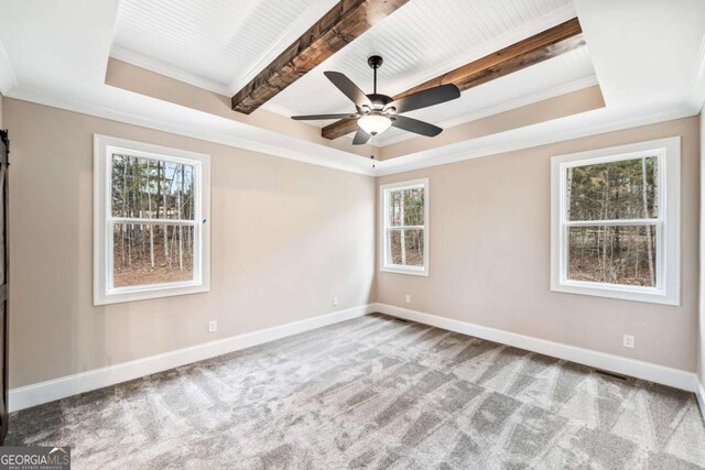 107 Bob White Dr, Calhoun, GA 30701 - spare room with crown molding, carpet floors, ceiling fan, beamed ceiling, and a raised ceiling