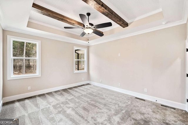 107 Bob White Dr, Calhoun, GA 30701 - carpeted empty room featuring a raised ceiling, ornamental molding, ceiling fan, and beam ceiling