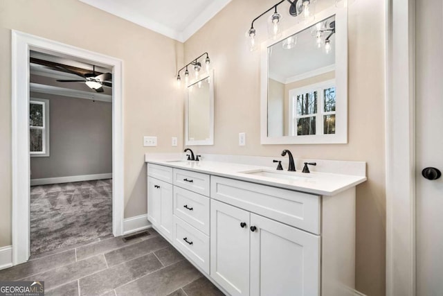 107 Bob White Dr, Calhoun, GA 30701 - bathroom featuring double vanity, ornamental molding, and a ceiling fan