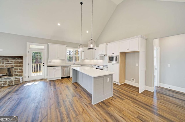 107 Bob White Dr, Calhoun, GA 30701 - kitchen with stainless steel appliances, white cabinetry, a kitchen island, dark wood-style floors, and high vaulted ceiling