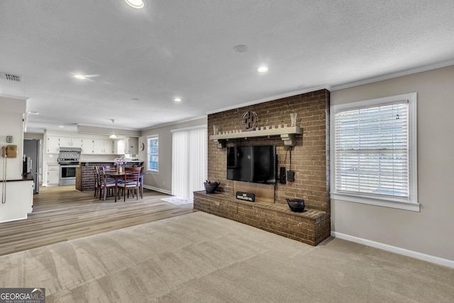 living area with ornamental molding, visible vents, a textured ceiling, and baseboards