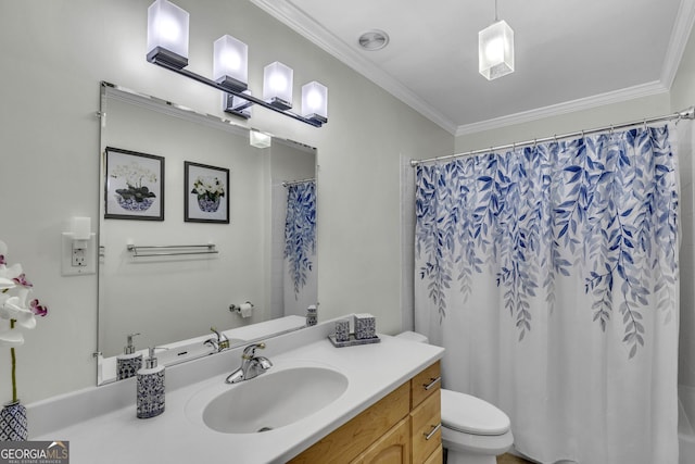 full bathroom with toilet, a shower with curtain, ornamental molding, and vanity