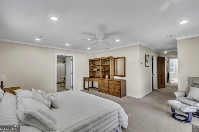 bedroom with recessed lighting, visible vents, light carpet, and baseboards