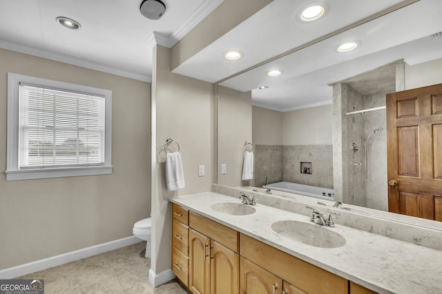 bathroom with crown molding, tiled shower, a sink, and a garden tub