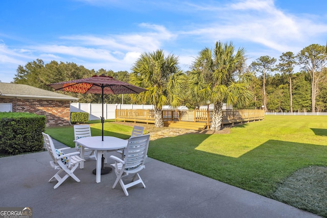 view of patio featuring outdoor dining space, a fenced backyard, and a wooden deck