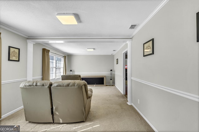 living room with light carpet, baseboards, visible vents, and crown molding