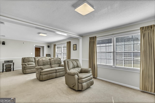 living area with visible vents, a textured ceiling, baseboards, and carpet flooring