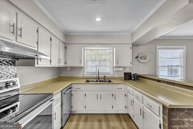 kitchen featuring appliances with stainless steel finishes, a sink, crown molding, under cabinet range hood, and a wealth of natural light