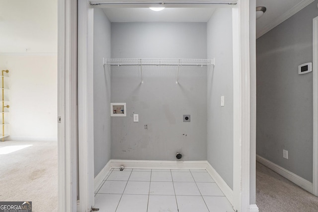 washroom with hookup for a washing machine, carpet, electric dryer hookup, and tile patterned floors