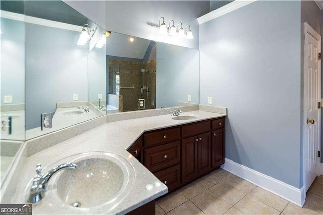 full bath featuring double vanity, tile patterned flooring, a sink, and a shower stall