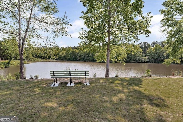 dock area featuring a water view, a yard, and a forest view