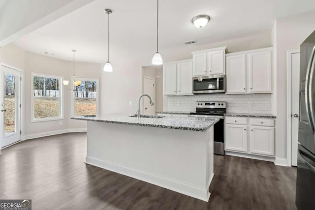 kitchen with a center island with sink, white cabinets, appliances with stainless steel finishes, decorative light fixtures, and a sink