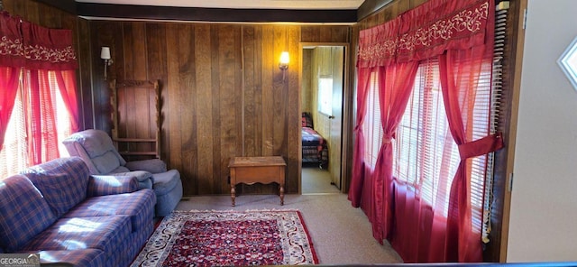 living area with wood walls and light colored carpet