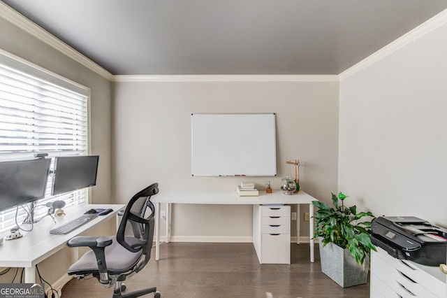 office space featuring dark wood-type flooring, crown molding, and baseboards