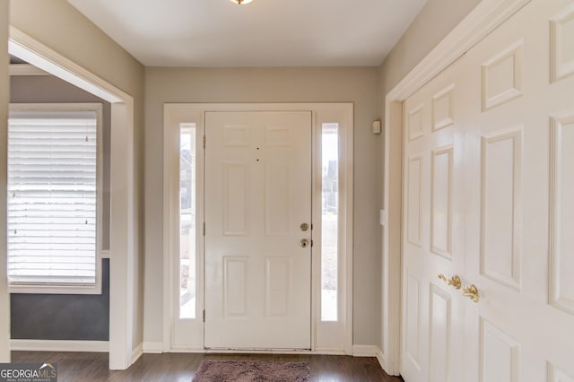 foyer with baseboards, dark wood-type flooring, and a wealth of natural light