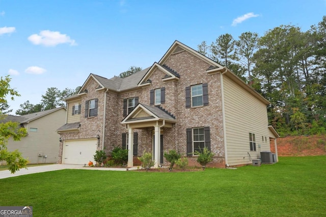 view of front of home featuring driveway, central AC unit, an attached garage, a front lawn, and brick siding