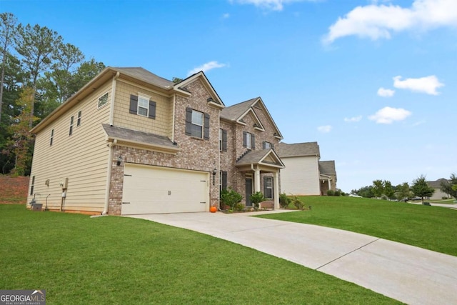 view of front of property with a front yard, brick siding, driveway, and an attached garage