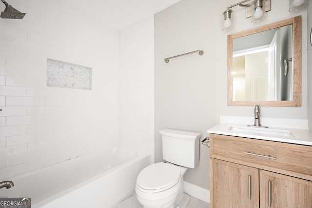 full bath featuring shower / bathtub combination, vanity, toilet, and baseboards