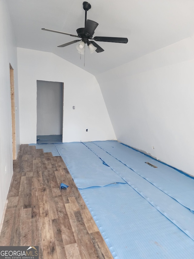 interior space featuring a ceiling fan, vaulted ceiling, and wood finished floors