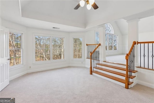 3690 Millwater Xing, Dacula, GA 30019 - staircase featuring carpet flooring, ceiling fan, and vaulted ceiling