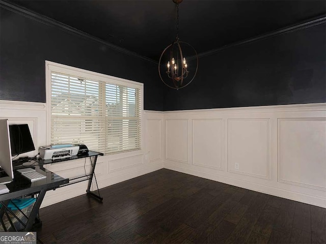 office space featuring a chandelier, wainscoting, and dark wood finished floors