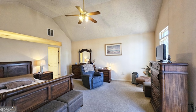 bedroom with light carpet, baseboards, visible vents, lofted ceiling, and a textured ceiling