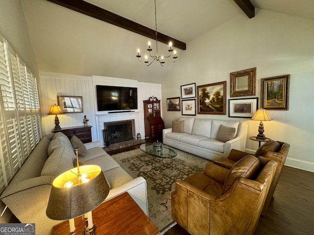 living room featuring high vaulted ceiling, a fireplace, beamed ceiling, and wood finished floors