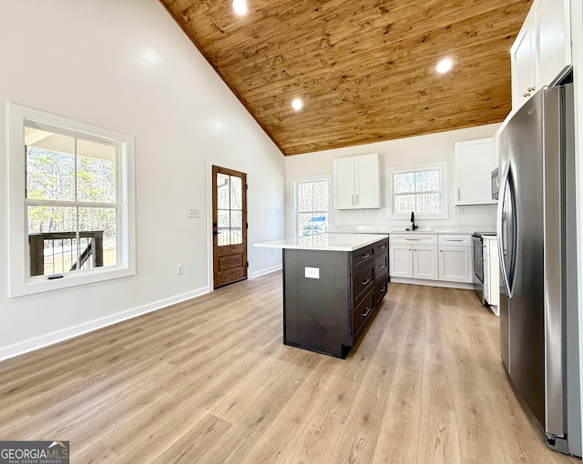 kitchen with a center island, light countertops, appliances with stainless steel finishes, wood ceiling, and white cabinets