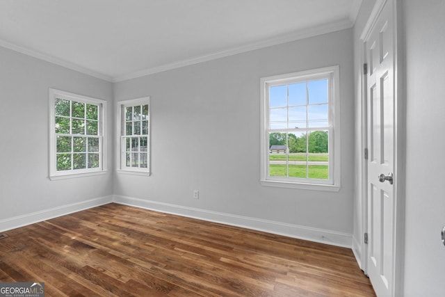 spare room featuring dark wood-style floors, ornamental molding, and baseboards